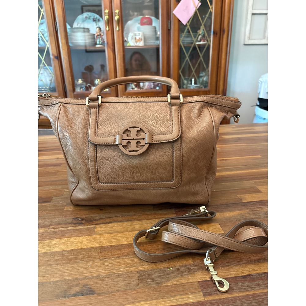 Tory Burch Miller Satchel Women Medium Tan Good Leather Crossbody Logo Bag